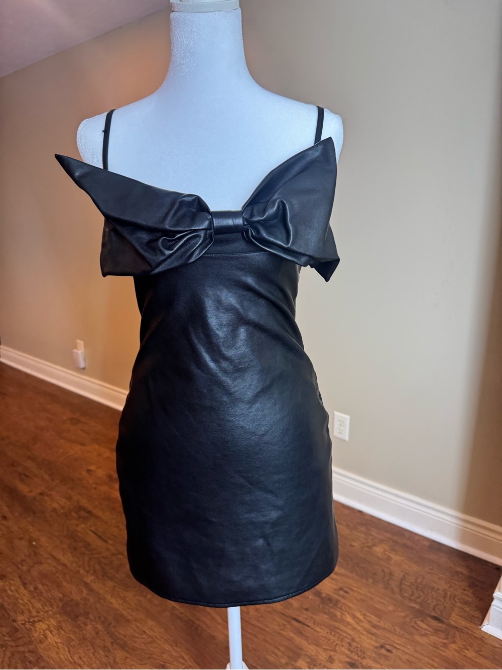 Black Faux Leather Bow Slip Mini Dress